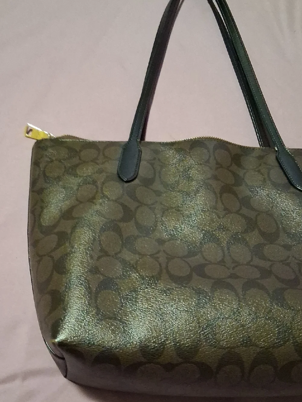 Coach Brown Signature Tote with Dark Green Handles - Picture 7 of 10